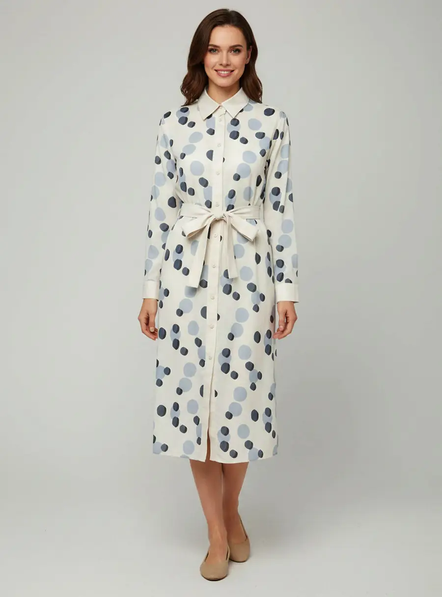 Max Mara Leisure Grey/Blue Polka Dot Cotton Button Down Shirt Dress L
