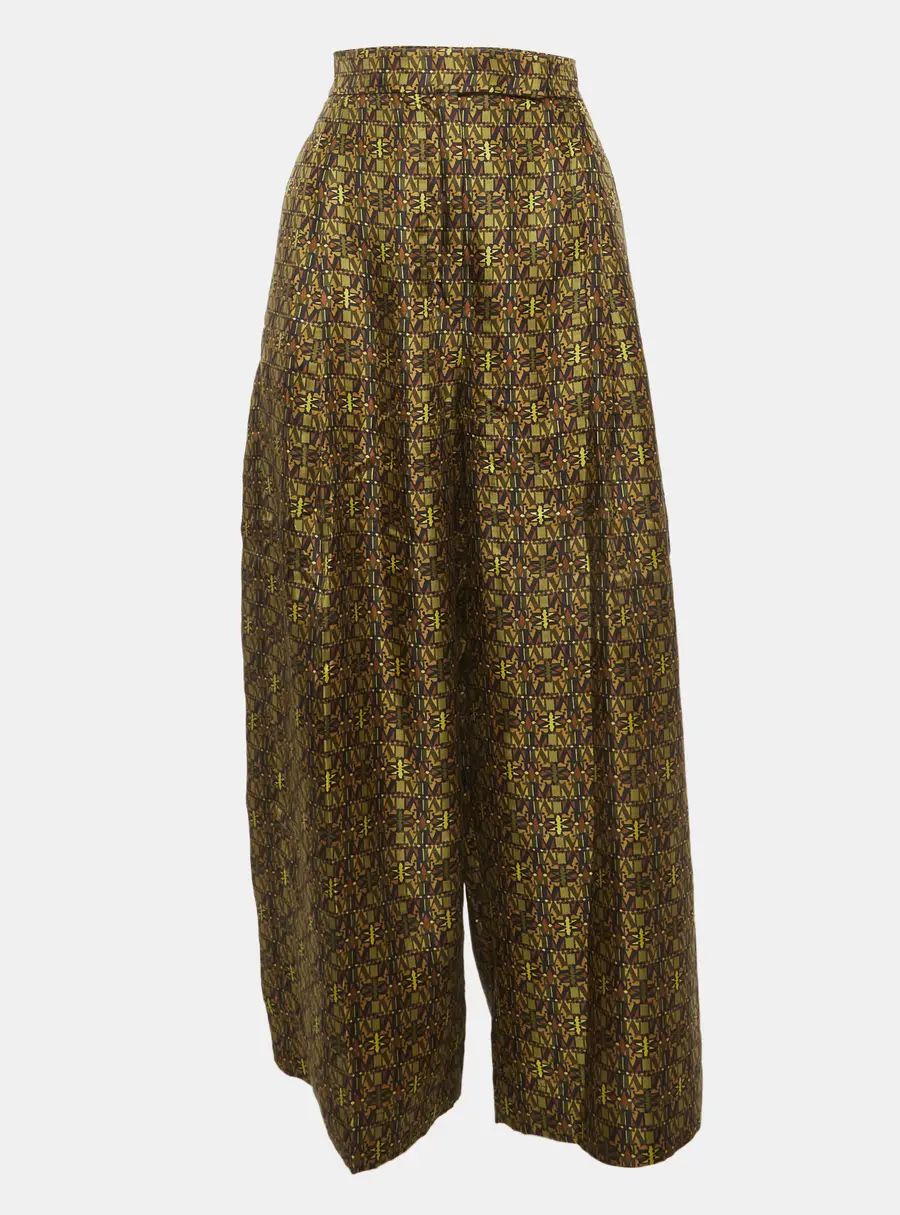 Max Mara Green All Over Print Silk Side Slit Moxa Pants M