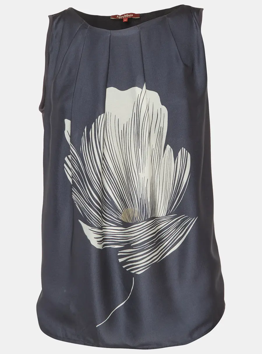 Max Mara Navy Blue Floral Print Silk Sleeveless Top M