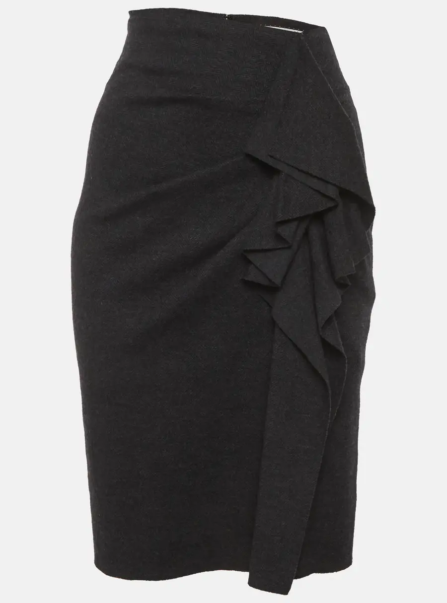 Max Mara Grey Herringbone Wool Blend Ruffle Pencil Skirt S