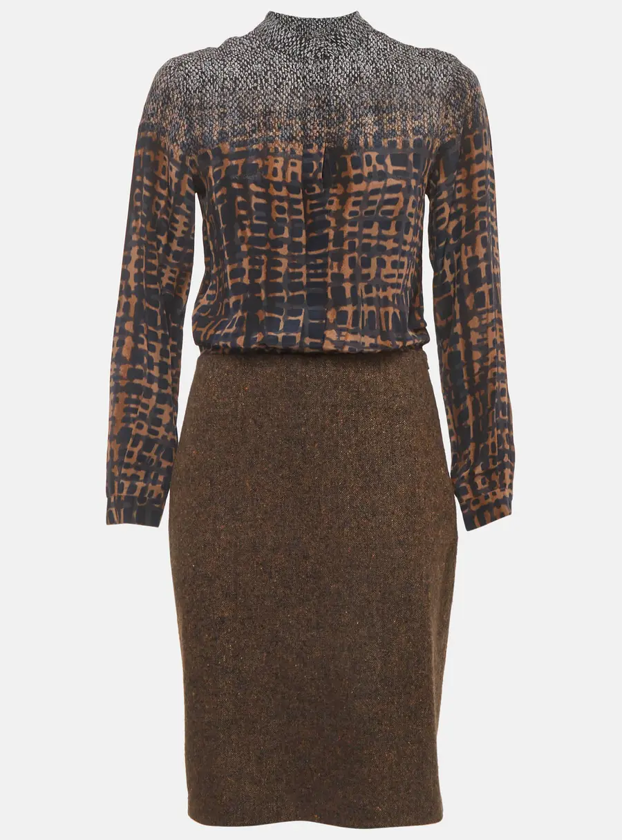 Max Mara Brown Abstract Print Silk Chiffon and Tweed Wool Blend Dress S