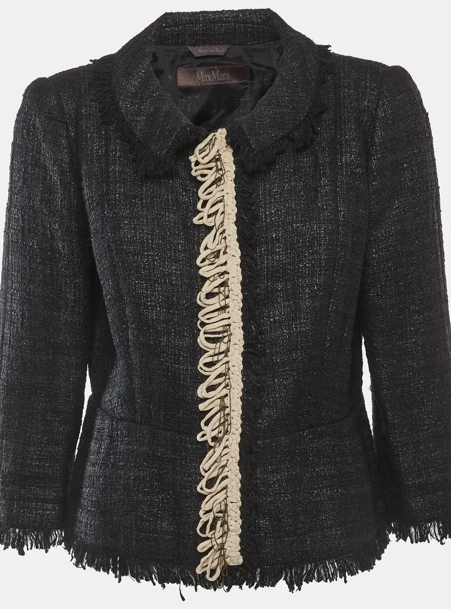 Max Mara Black Tweed Contrast Trim Fringed Edge Jacket L