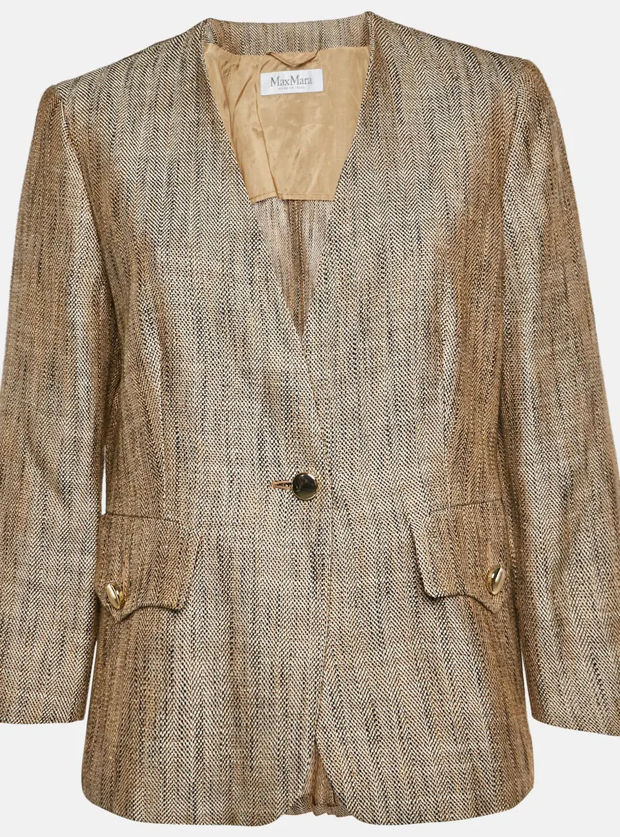 Max Mara Beige Basketweave Linen Blend Single Breasted Blazer L