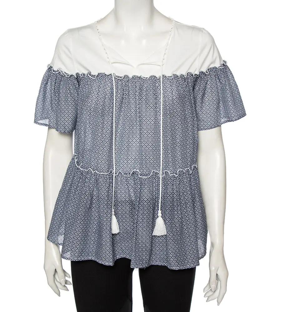 Max Mara Blue Printed Cotton Tie Neck Detail Tunic M
