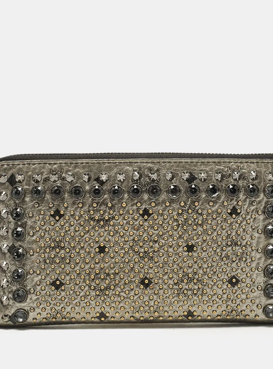 MCM Metallic Grey Leather Crystals Embellished Zip Continental Wallet