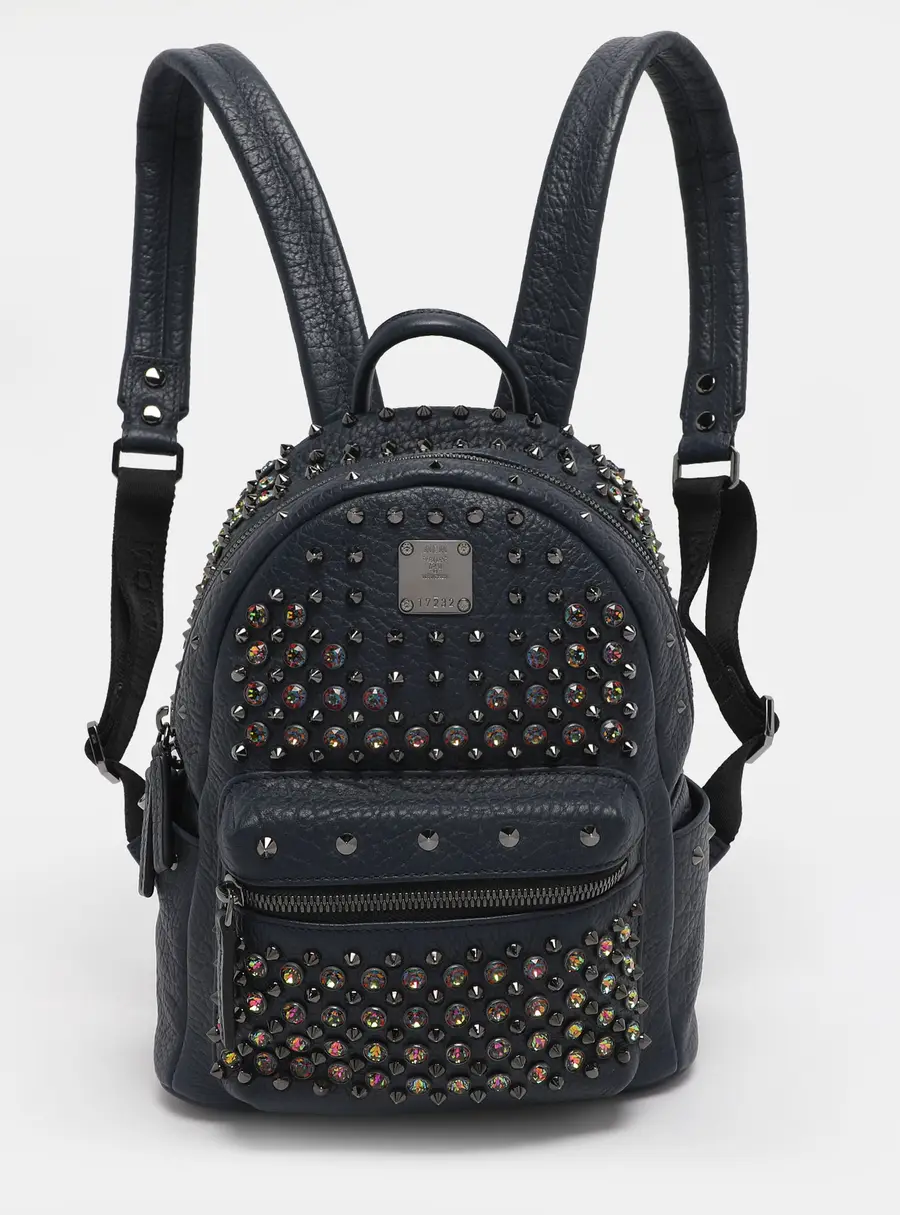 MCM Navy Blue Leather Diamond Studs Stark Backpack