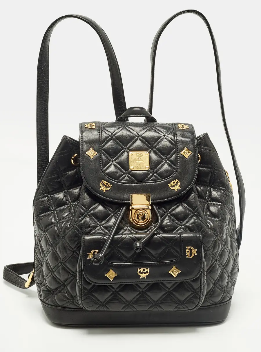 MCM Studded Black Quilted Leather Drawstring Backpack