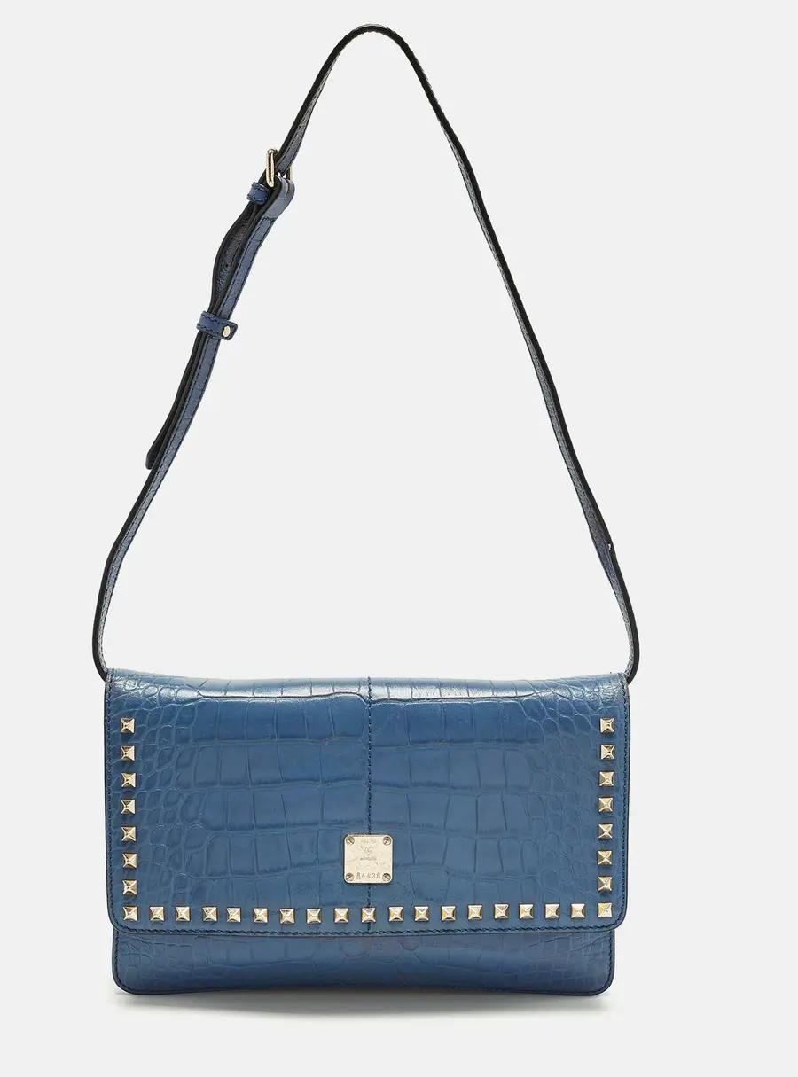 MCM Studded Blue Croc Embossed Leather Shoulder Bag