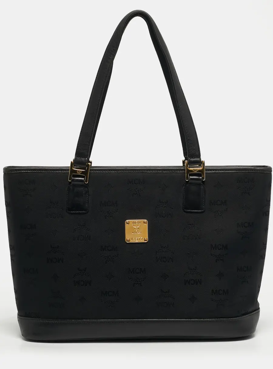 MCM Top Zip Black Visetos Fabric and Leather Tote