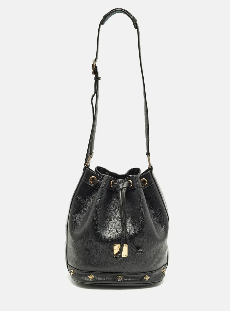 MCM Black Logo Studded Leather Drawstring Bucket Bag