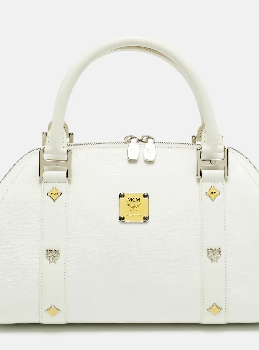MCM Enamel Logo White Leather Zip Satchel