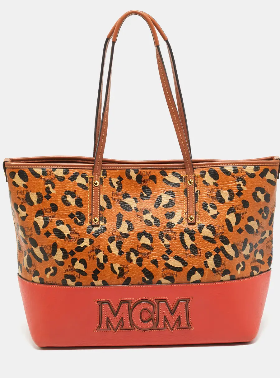 MCM Heritage Brown/Orange Leopard Print Coated Canvas Leather Shopper Tote