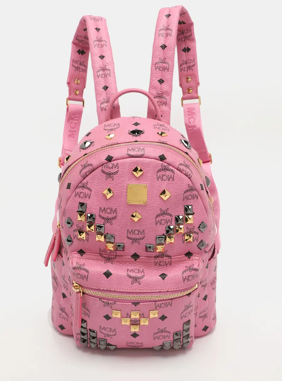 MCM Stark Studded Small Pink Visetos Coated Canvas Backpack
