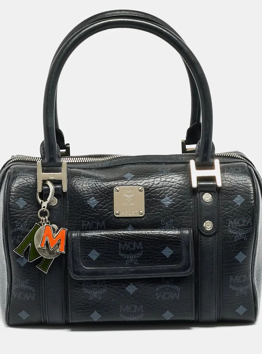 MCM Front Pocket Black Visetos Coated Canvas and Leather Satchel
