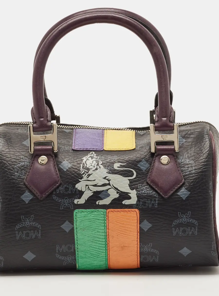MCM Princess Lion Black Visetos Coated Canvas and Leather Boston Bag
