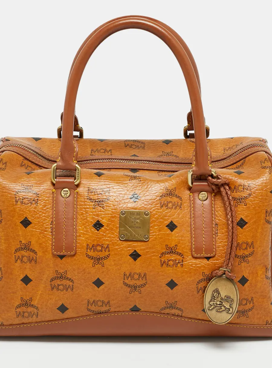 MCM Heritage Cognac Visetos Coated Canvas Boston Bag