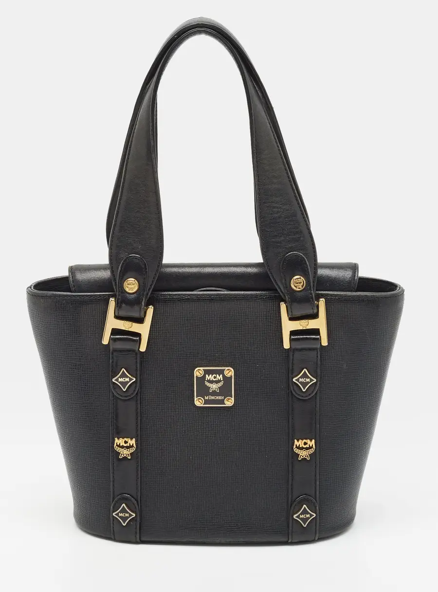 MCM Flap Black Leather Bucket Tote