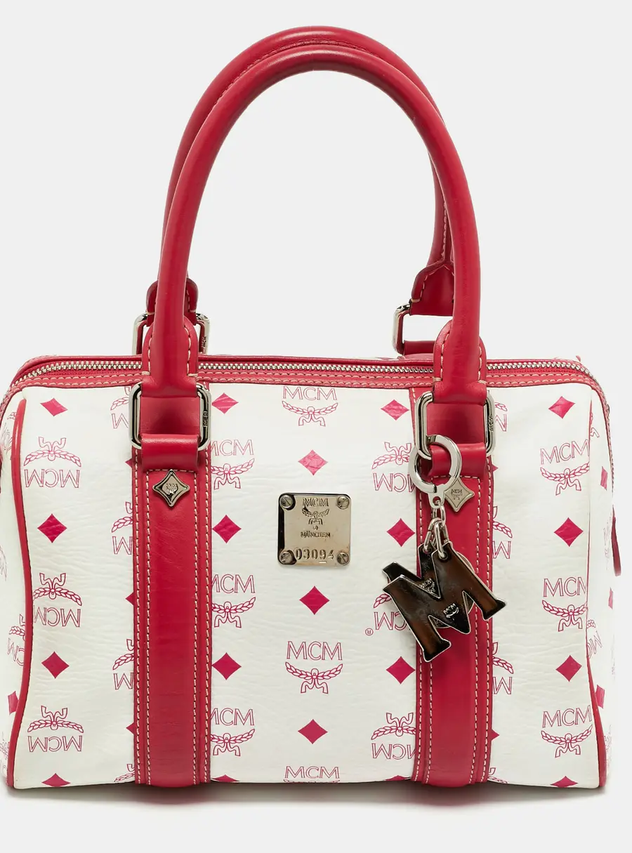 MCM Logo Charm Pink/White Visetos Coated Canvas and Leather Boston Bag