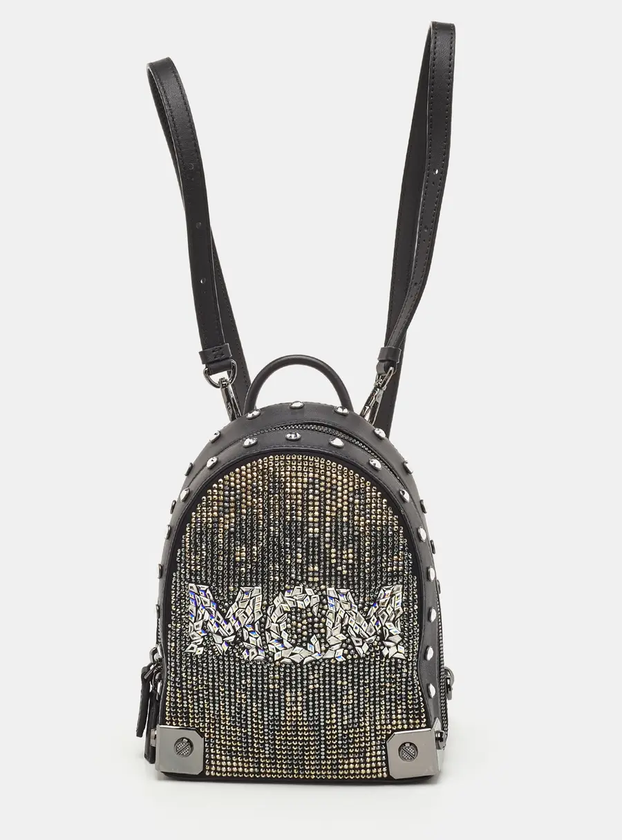 MCM Stark Bebe Boo Mini Black Leather Mosaic Crystal Backpack