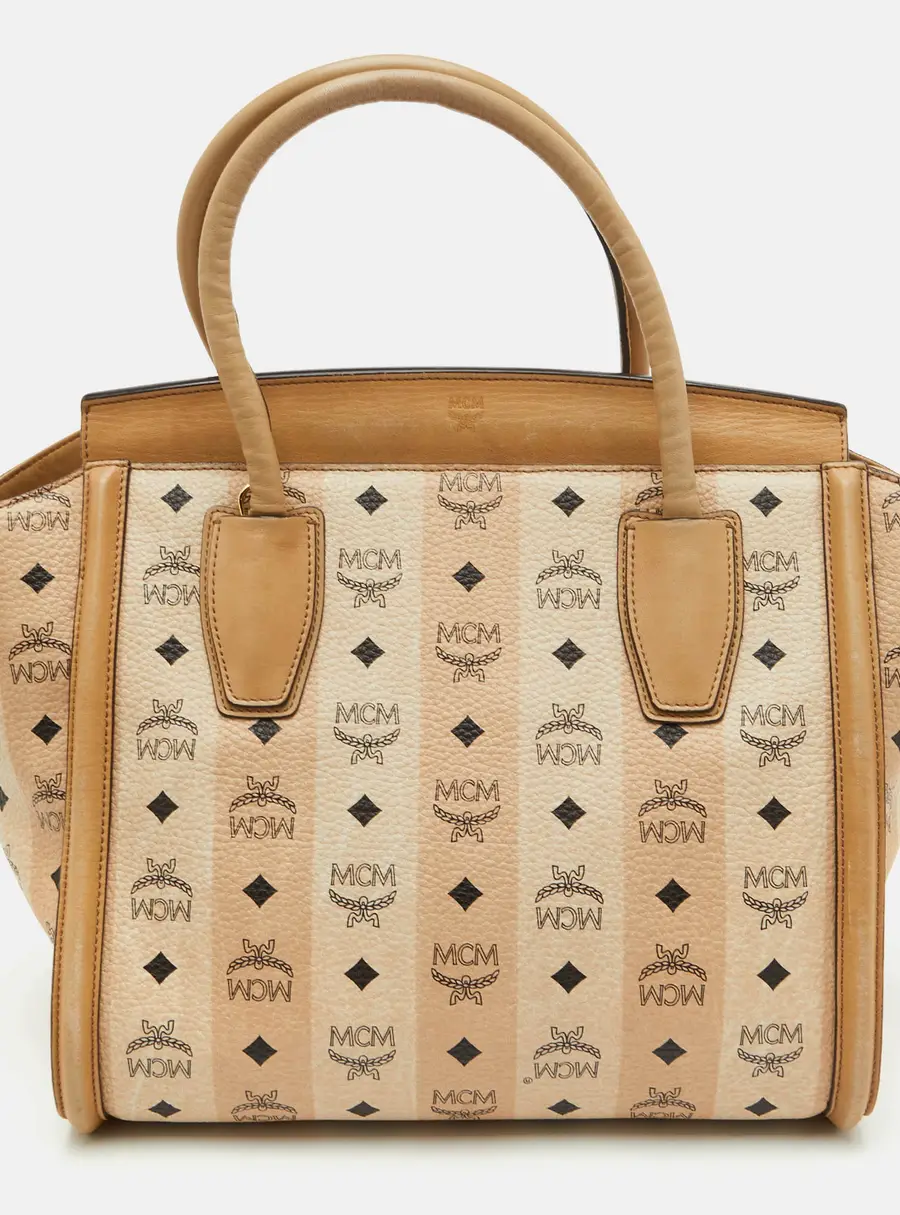 MCM Visetos Beige Coated Canvas and Leather Satchel