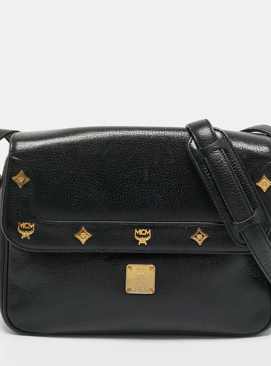 MCM Studded Flap Black Leather Crossbody Bag