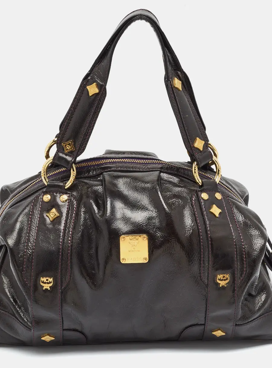 MCM Studded Purple Patent Leather Satchel