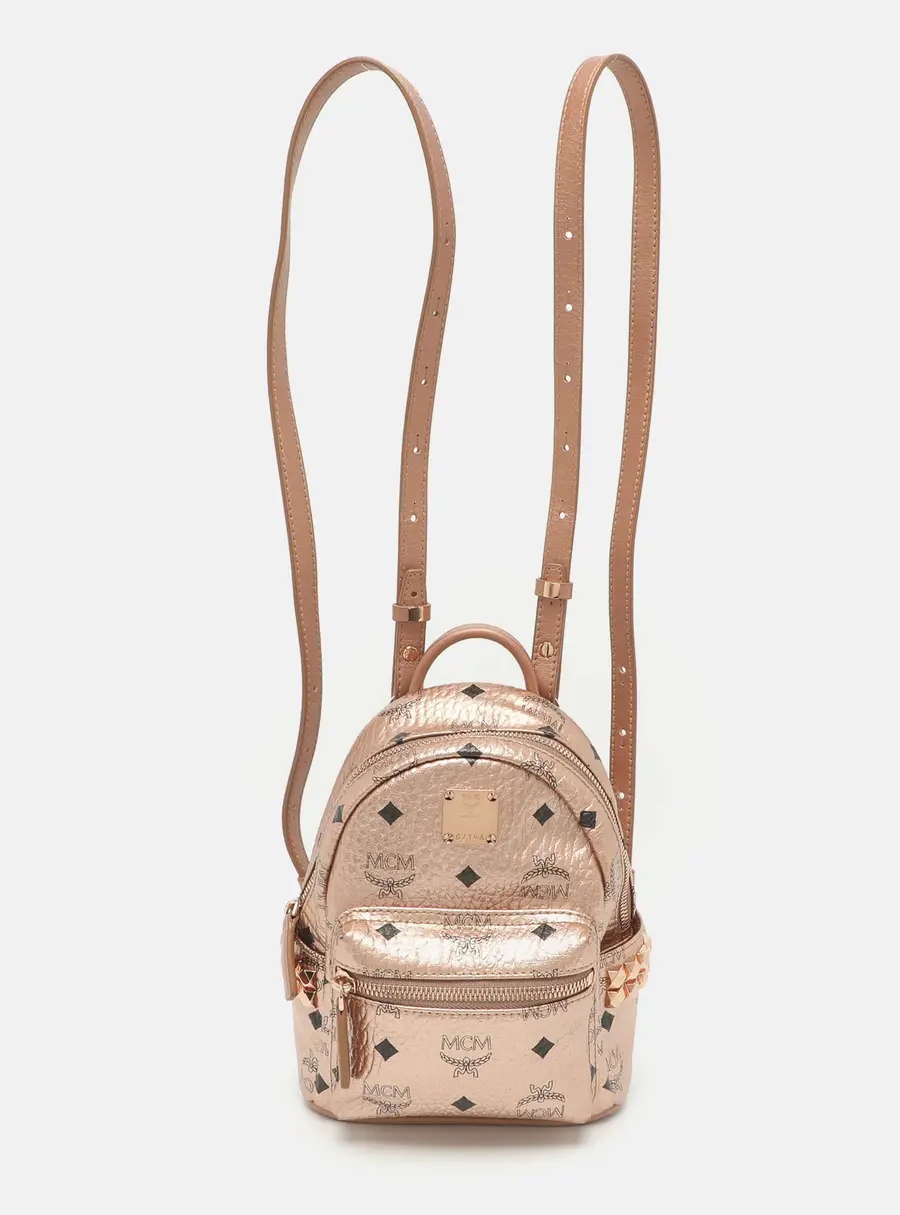 MCM Studded Stark-Bebe Boo Mini Rose Gold Visetos Coated Canvas and Leather Backpack