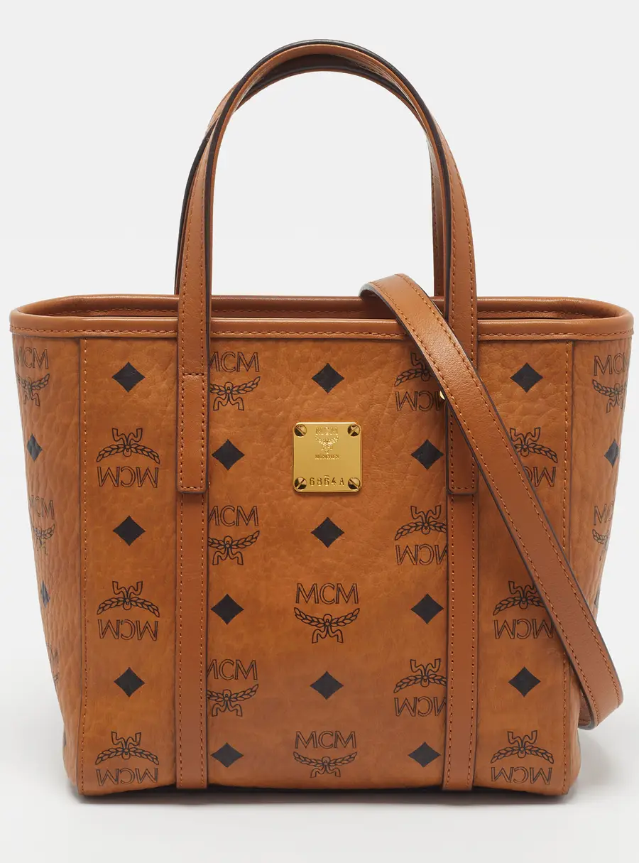 MCM Toni Mini Cognac Visetos Coated Canvas Top-Zip Shopper Tote