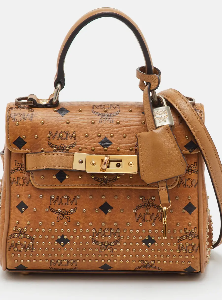 MCM Cognac Visetos Coated Canvas X Mini Hertiage Top Handle Bag
