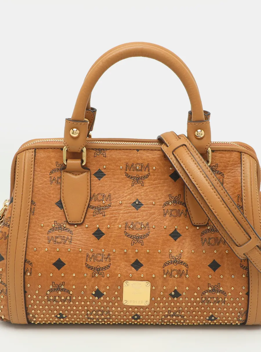 MCM Cognac Visetos Coated Canvas Studded Satchel