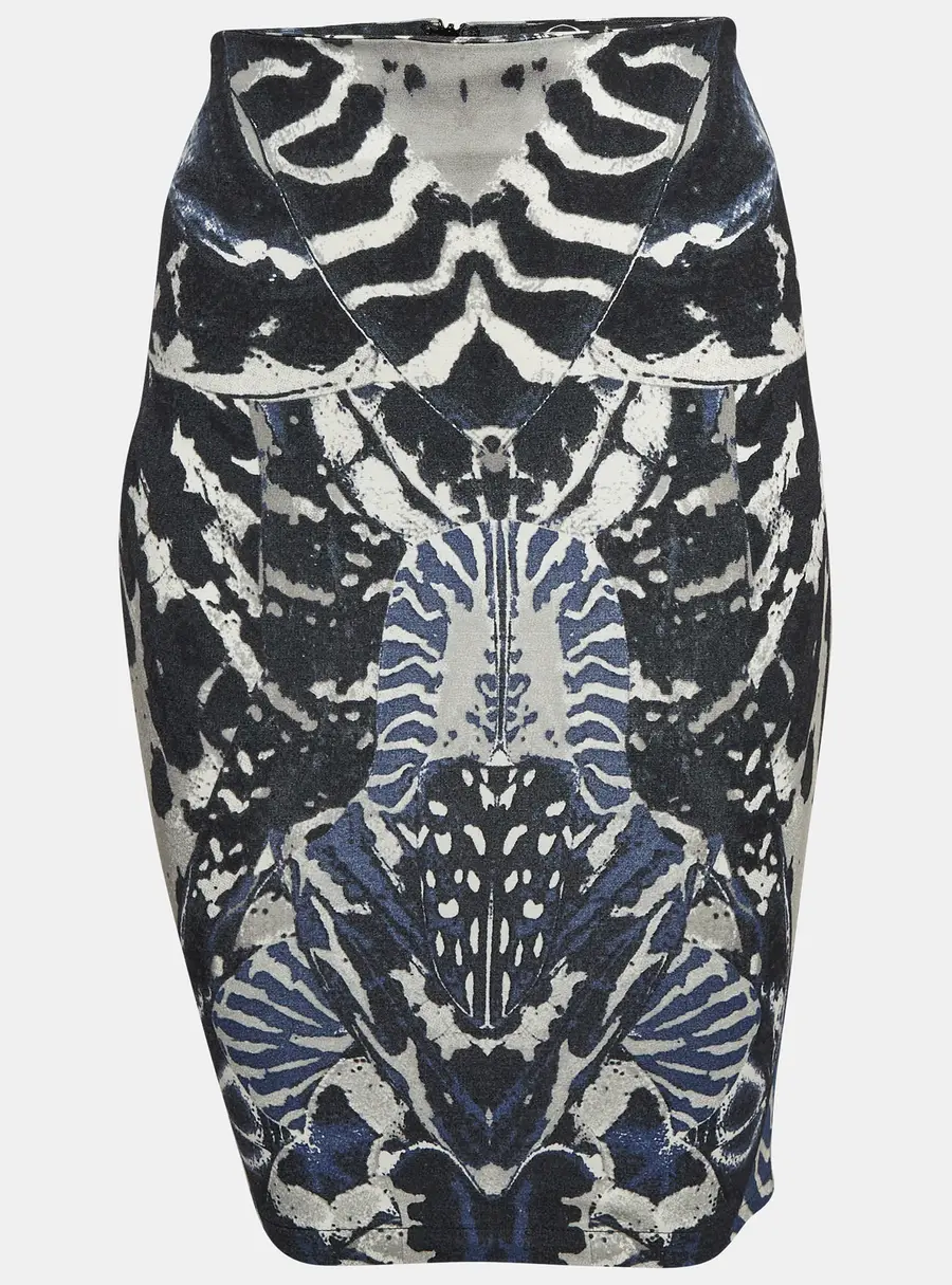 McQ by Alexander McQueen Blue Beetle Print Crepe Pencil Skirt XS