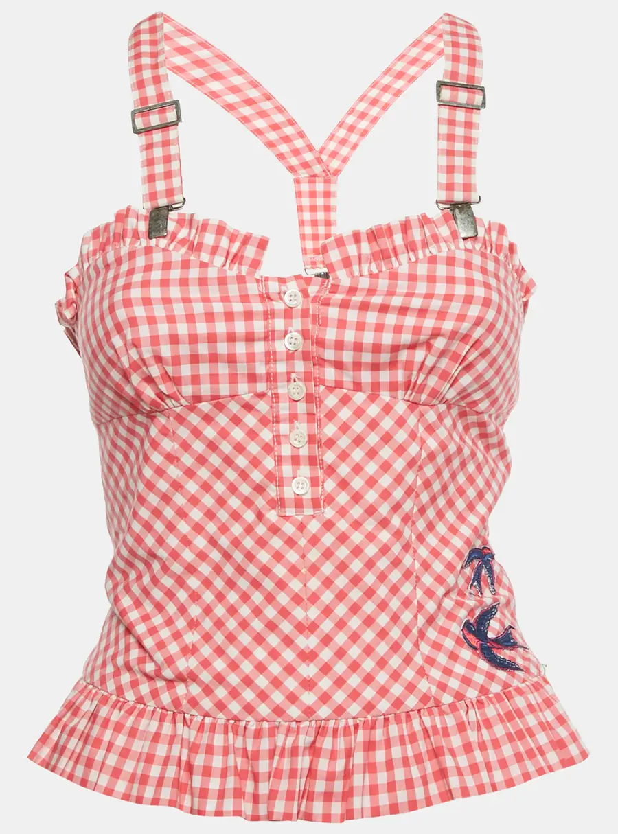 McQ by Alexander McQueen Pink Gingham Print  Suspender Strap Top S