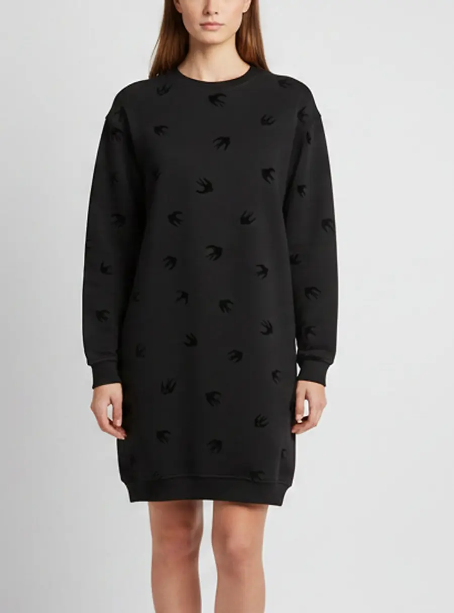 McQ by Alexander McQueen Black Flocked Swallow Jersey Sweat Dress L