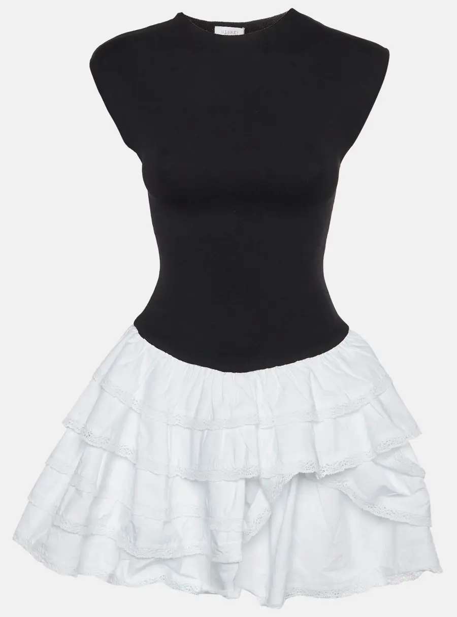 Meshki Black/White Knit and Cotton Ruffle Mini Dress XS