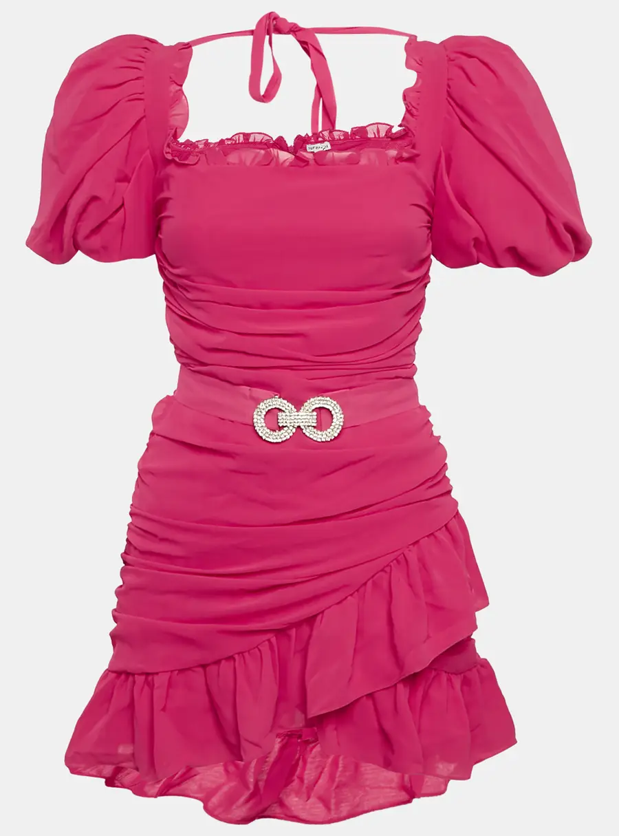 Mergim Pink Chiffon Ruche Detail Belted Mini Dress M