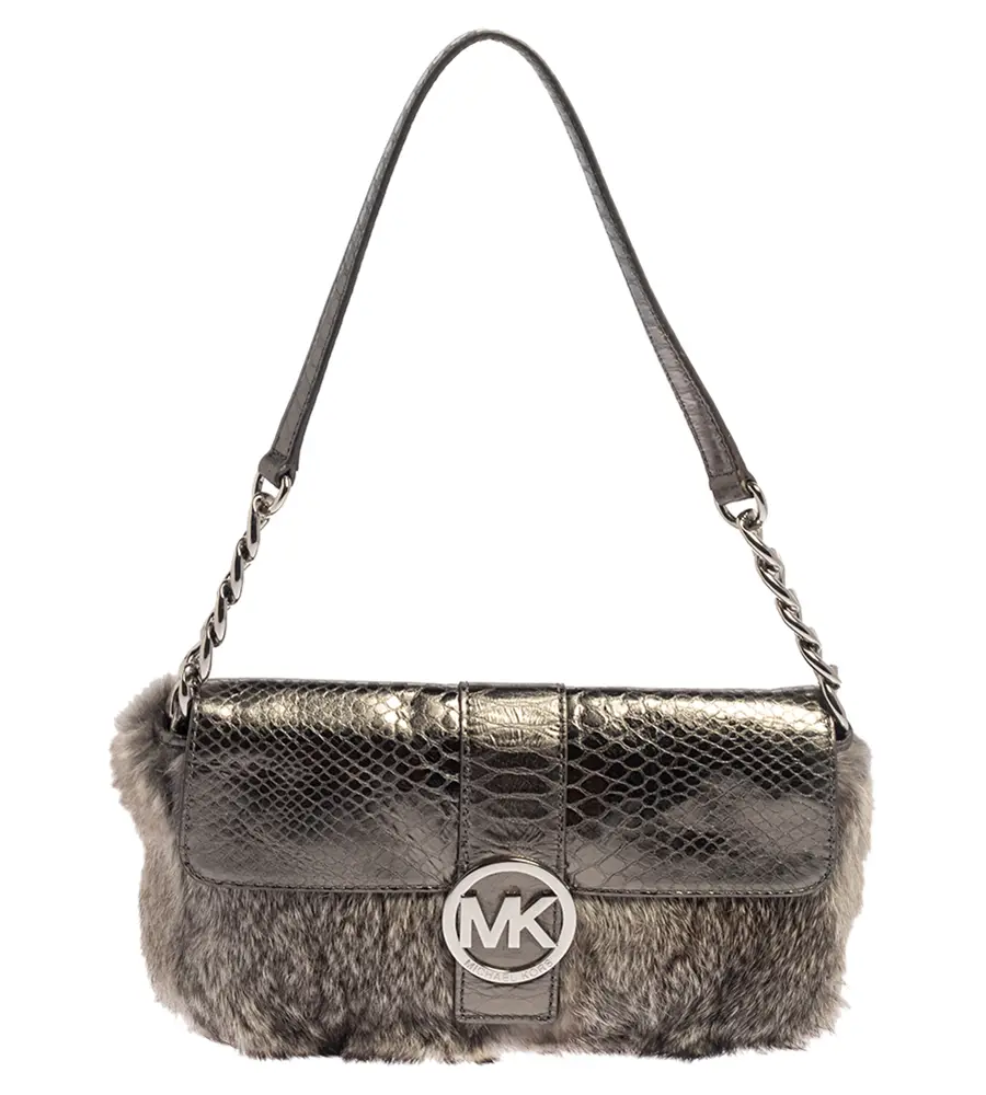 Michael Kors Metallic Grey Python Embossed Leather and Rabbit Fur Fulton Baguette
