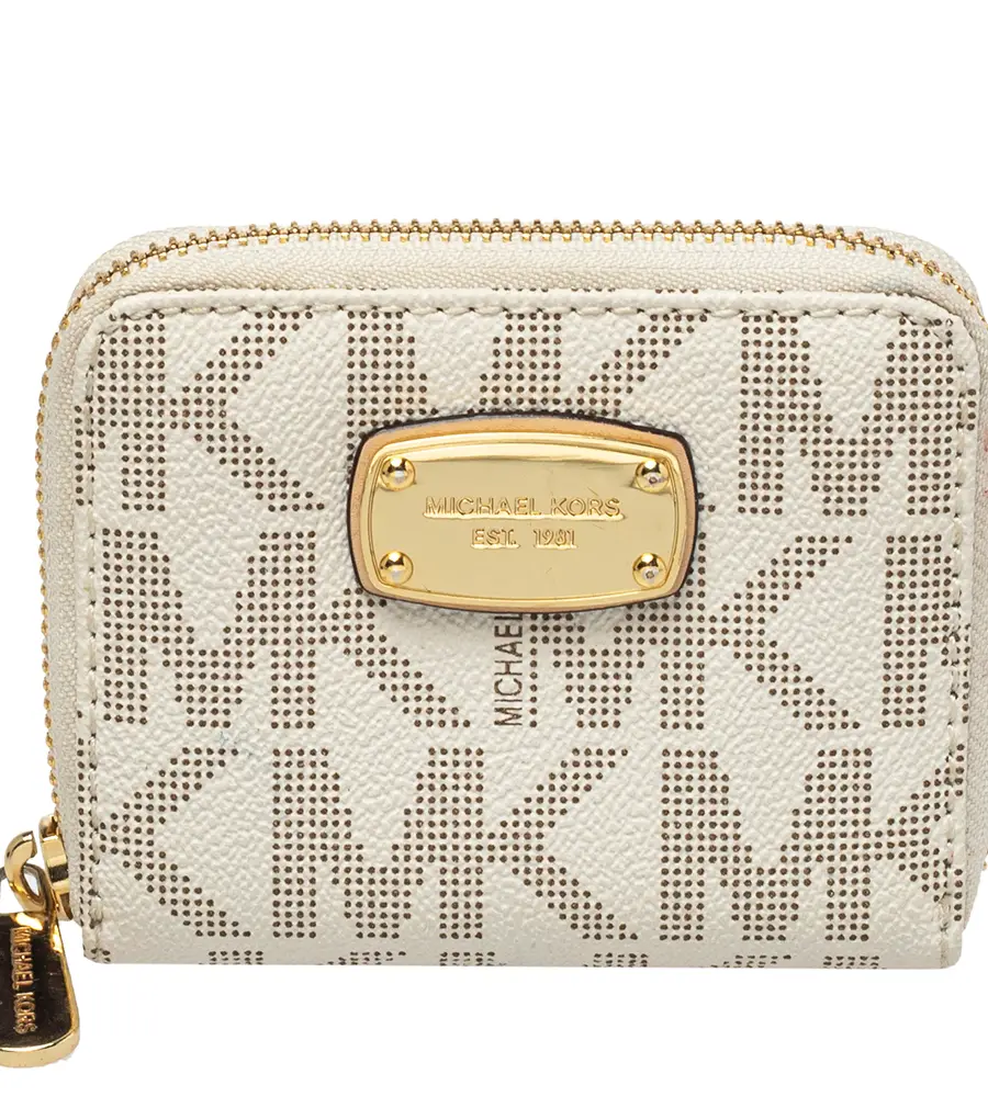 Michael Kors White Signature Coated Canvas Zip Around Compact Wallet