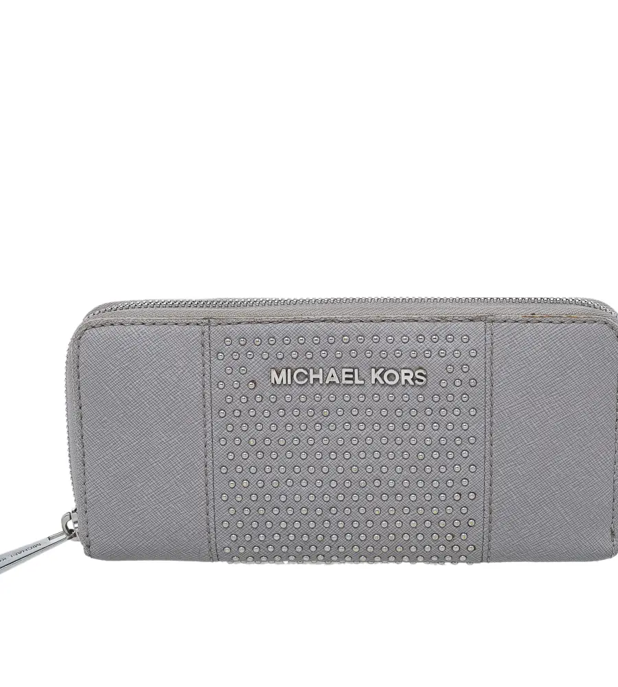 Michael Kors Grey Saffiano Leather Micro Stud Travel Zip Around Wallet
