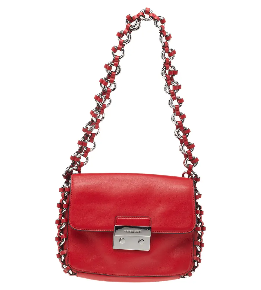 Michael Kors Red Leather Piper Flap Shoulder Bag