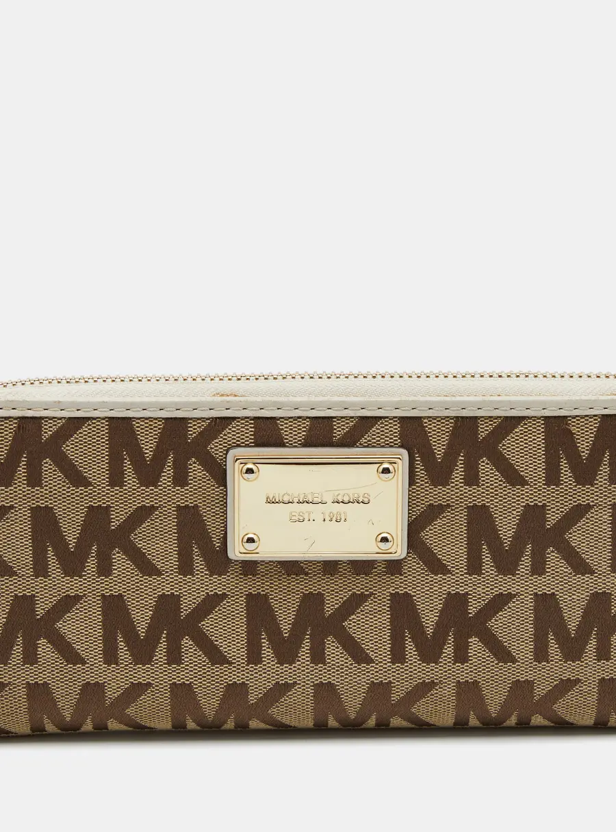 Michael Kors Beige/White Signature Canvas and Leather Zip Around Wallet