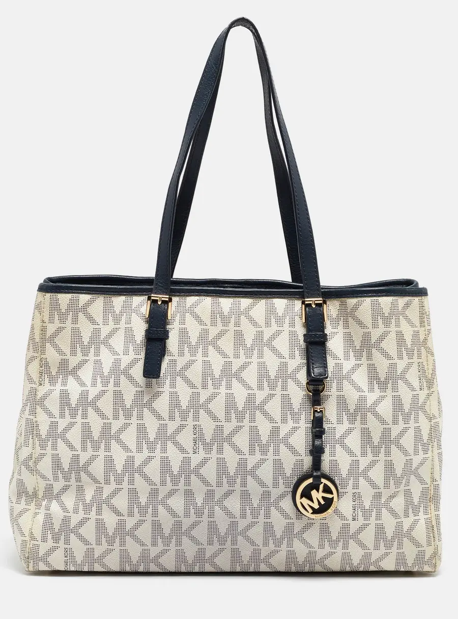 Michael Kors Navy Blue/White Signature Coated Canvas and Leather Jet Set Tote