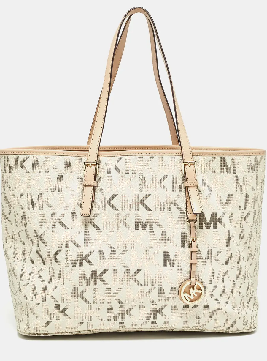 Michael Kors Jet Set Travel Small Beige Coated Canvas and Leather Tote Bag