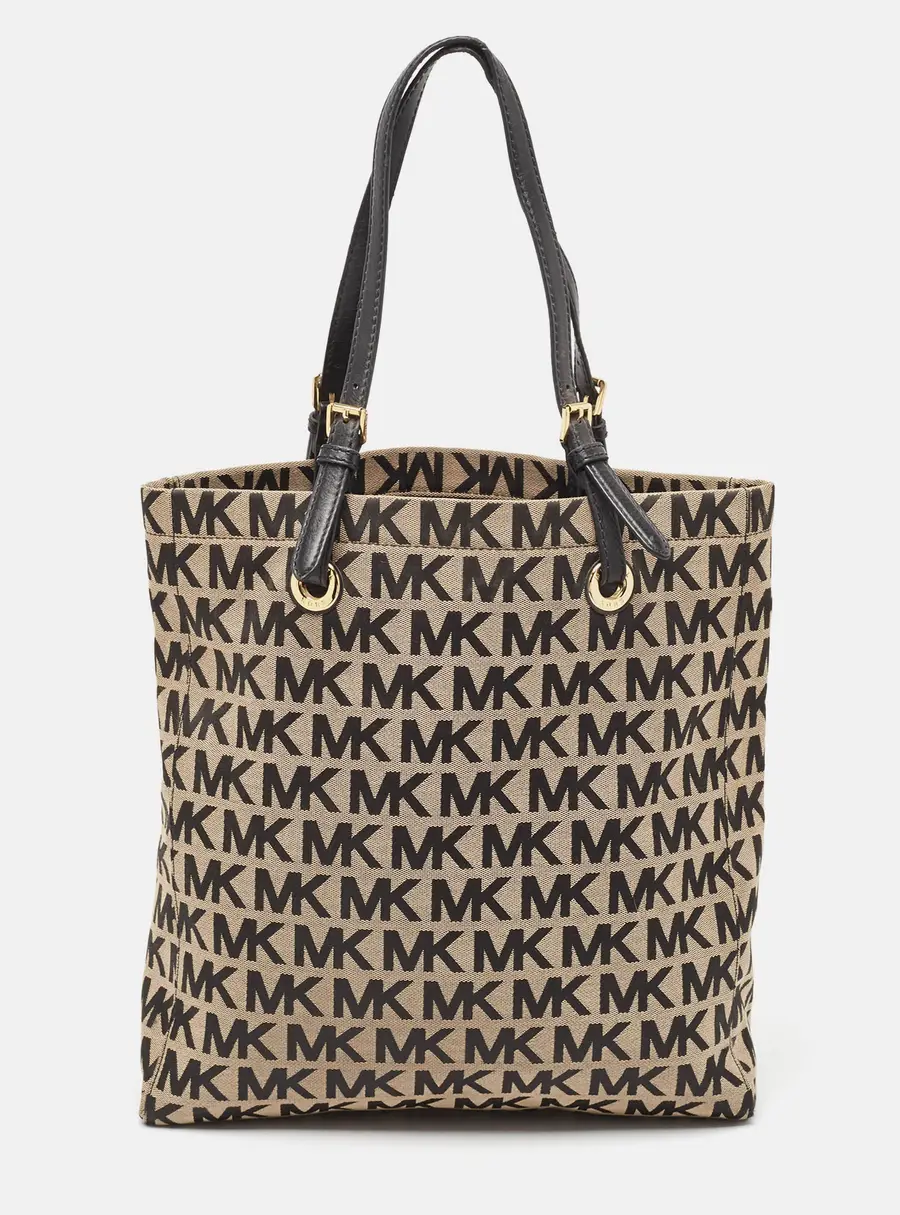 Michael Kors Black/Beige Signature Canvas and Leather Jet Set Tote
