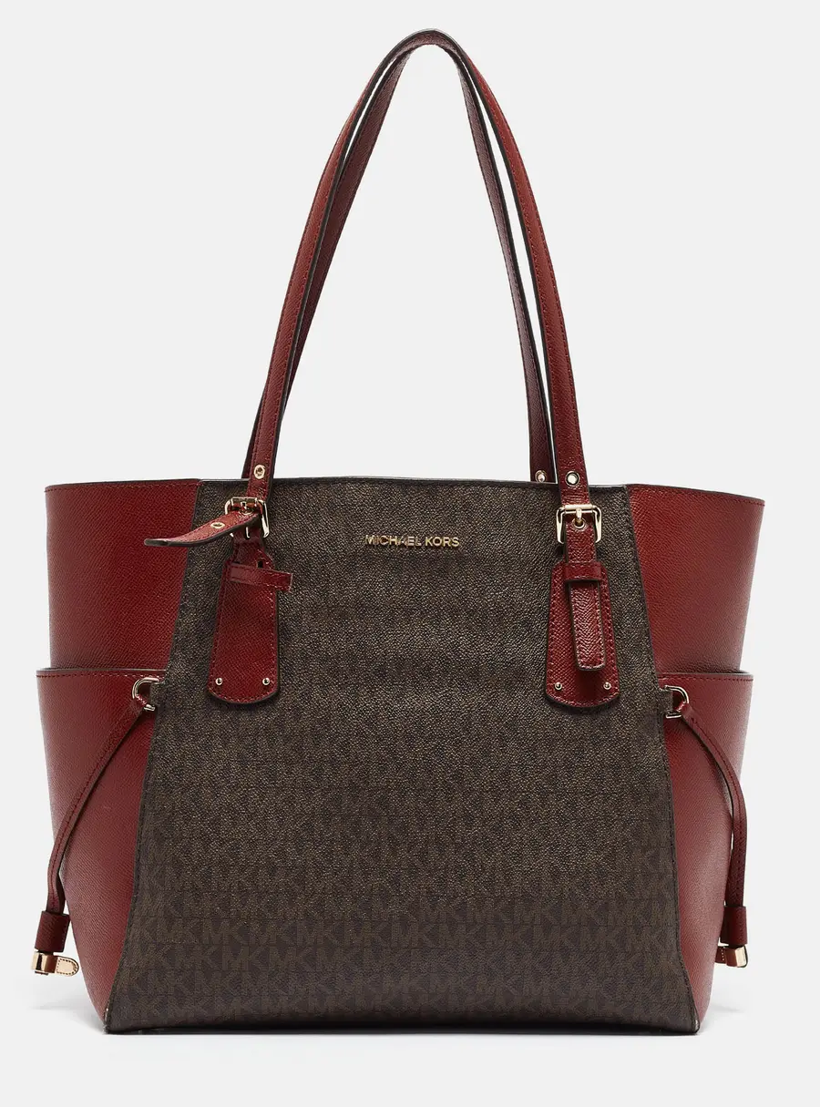 Michael Kors Red/Brown Signature Coated Canvas and Leather Voyager East West Tote