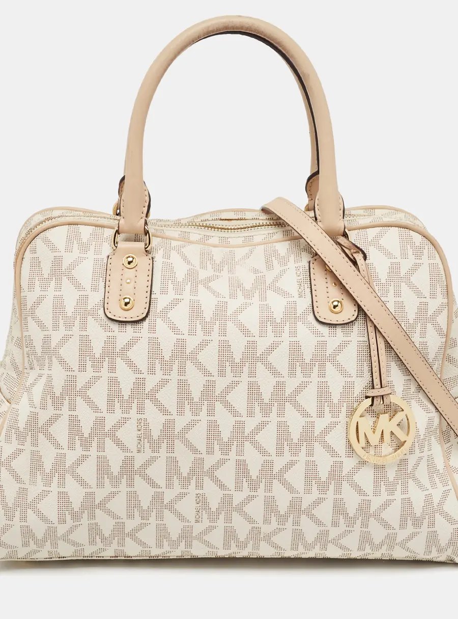 Michael Kors Beige/White Signature Coated Canvas and Leather Charm Satchel