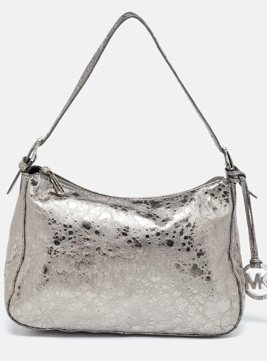 Michael Kors Metallic Grey Textured Patent and Leather Logo Charm Shoulder Bag