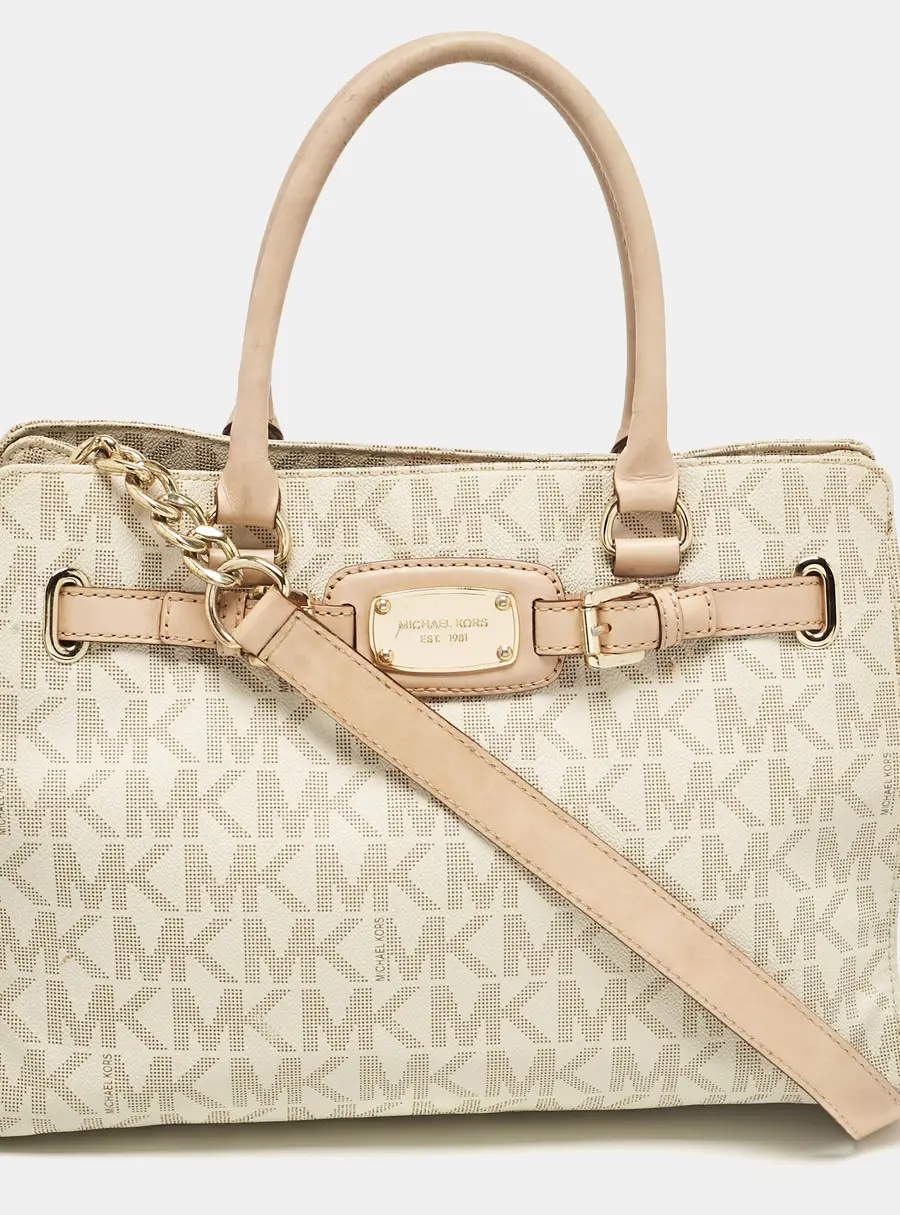 Michael Kors Beige/Off White Signature Coated Canvas and Leather East/West Hamilton Tote