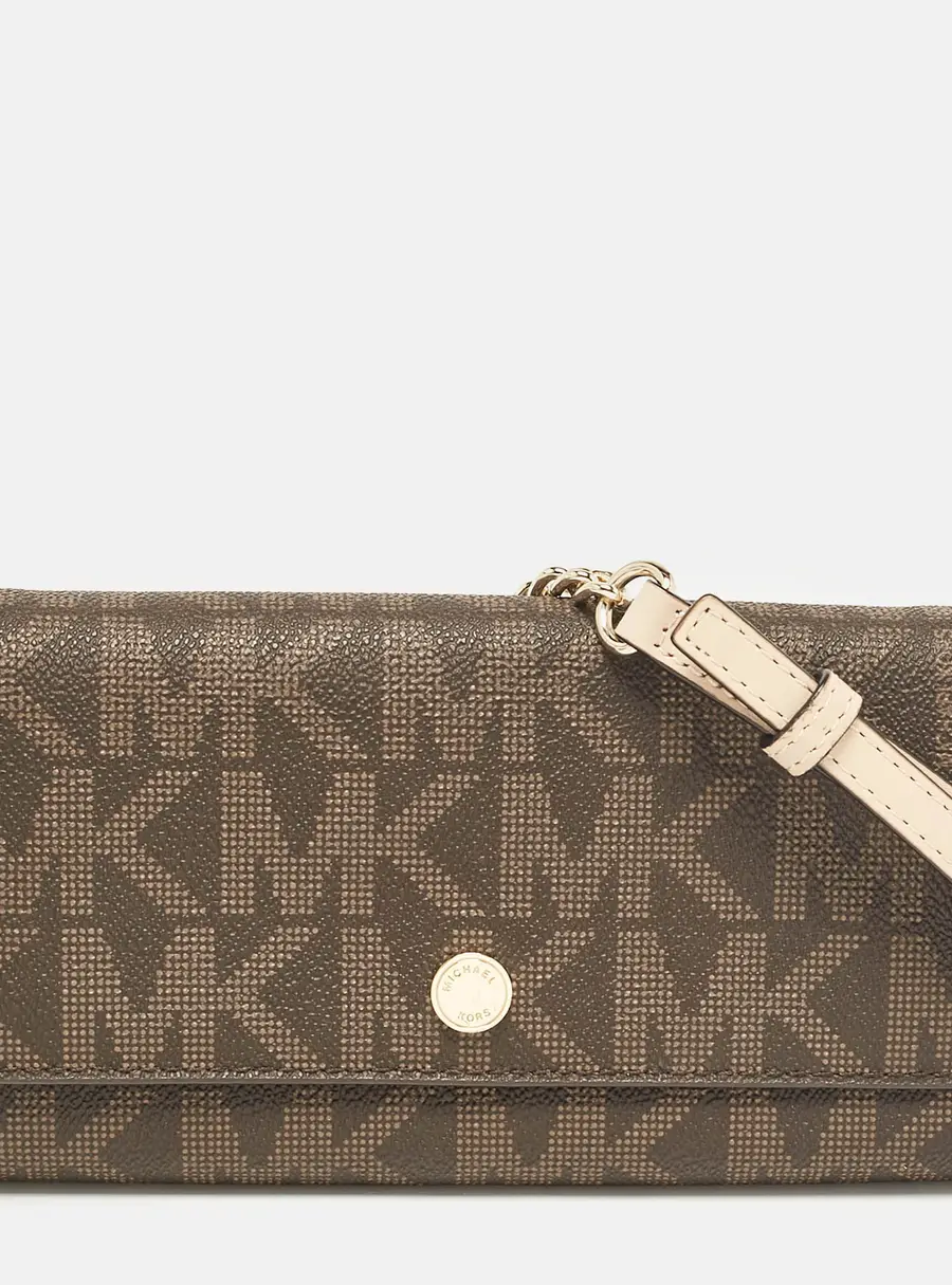 Michael Kors Dark Brown Signature Coated Canvas Jet Set Wallet On Chain