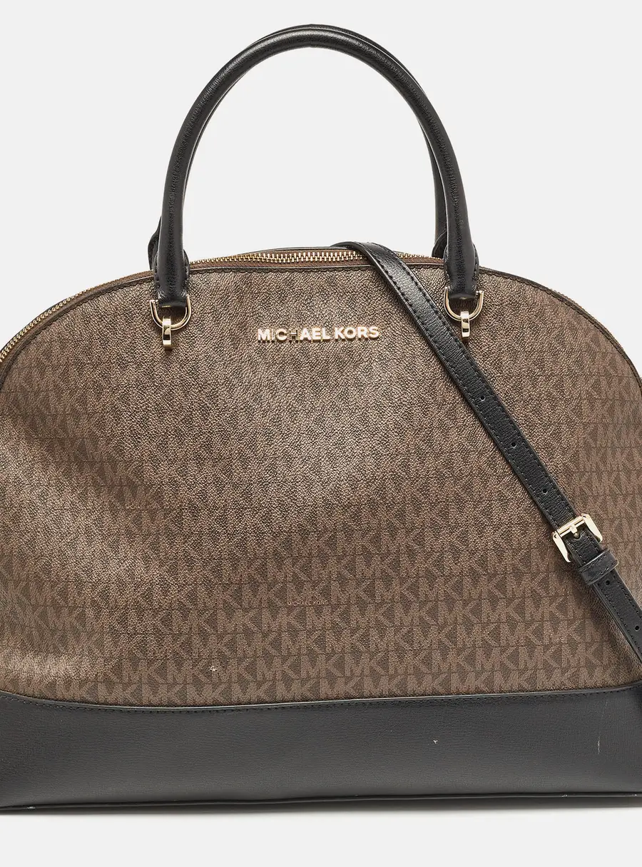 Michael Kors Black/Brown Signature Coated Canvas and Leather Extra Large Emmy Satchel