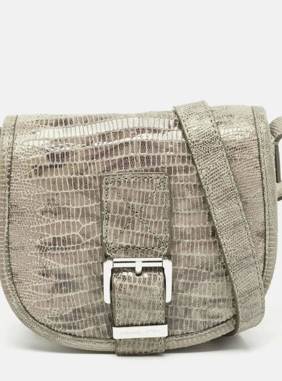 Michael Kors Grey Lizard Embossed Leather Buckle Flap Crossbody Bag
